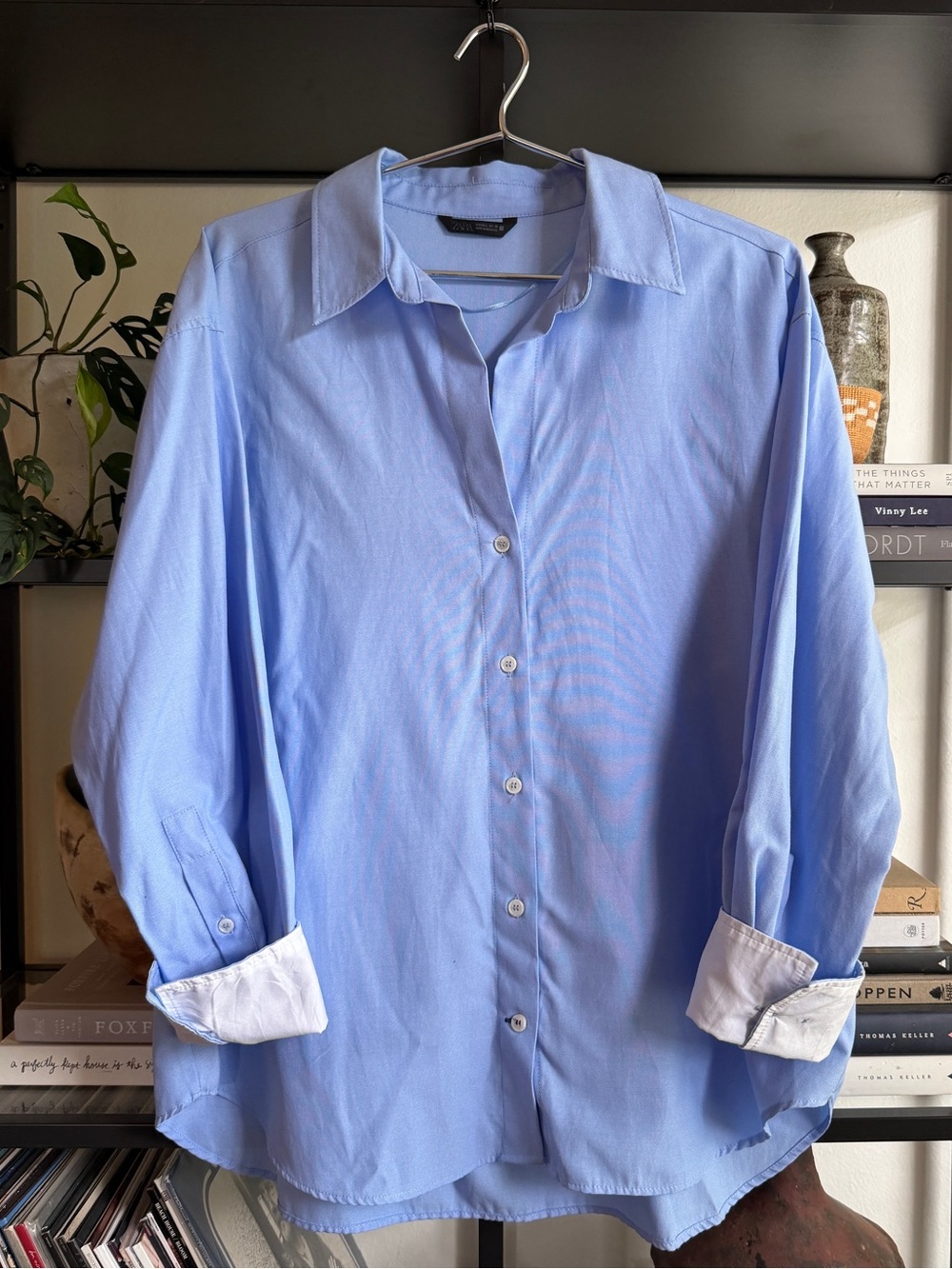 Zara Oversized Button Up Dress Shirt / Blue with White Cuff accents